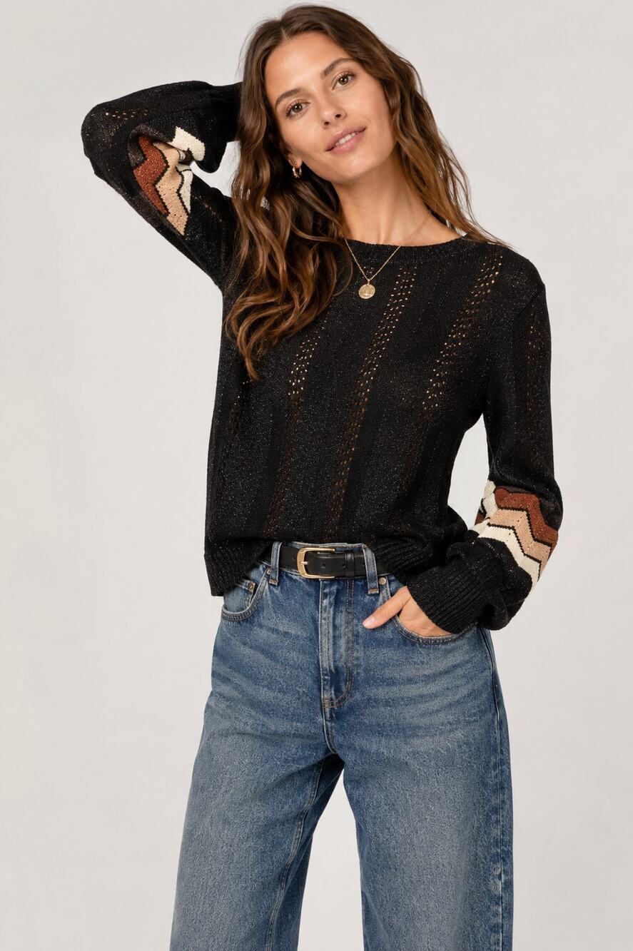 Jen's Pirate Booty Savanna Sweater Black Metallic Knit Eyelet Chevron SIZE P/S